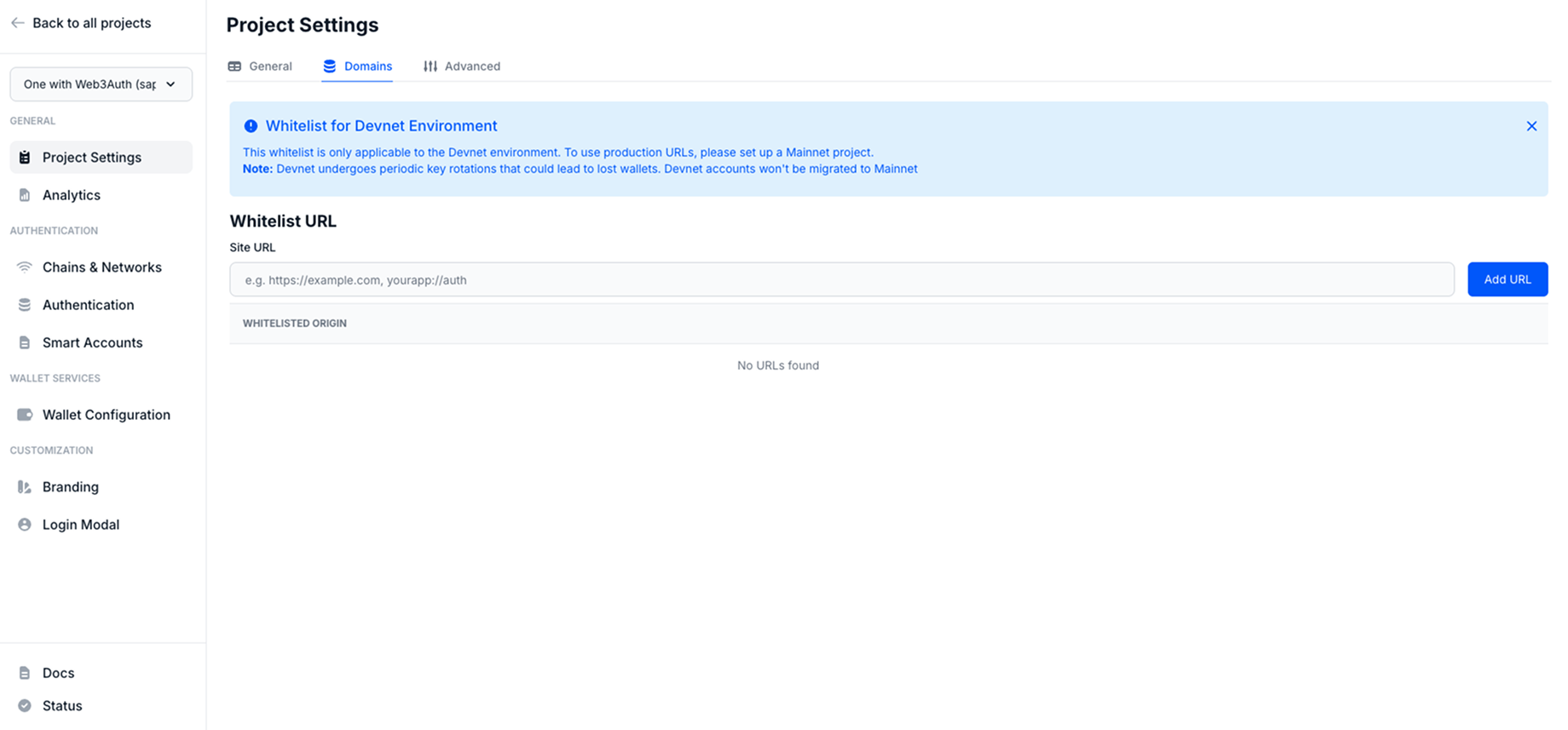 Project Settings Domains